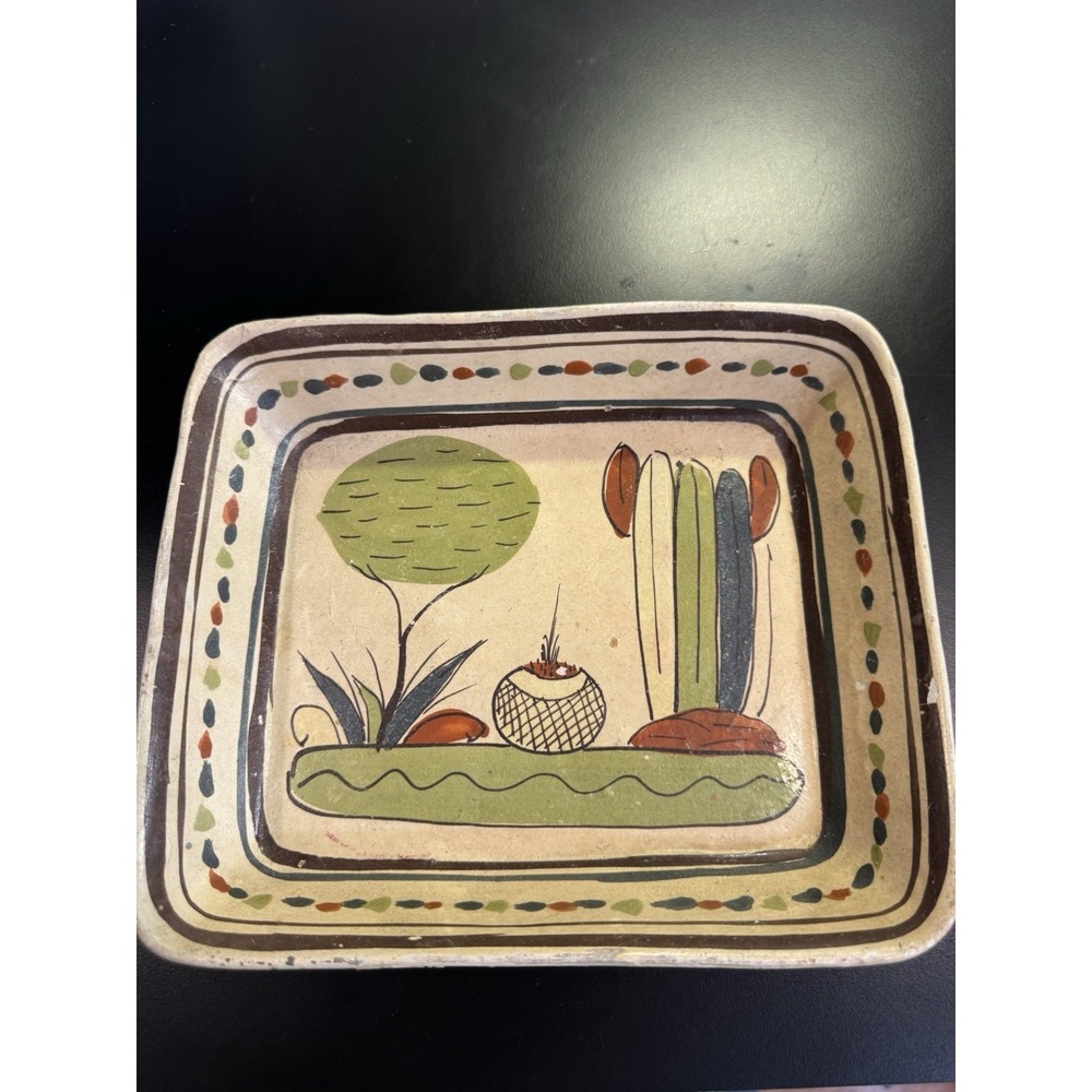 Vintage Mexico Tlaquepaque Pottery Rectangular Bowl Dish Cactus Stamped 8.5x7"‎